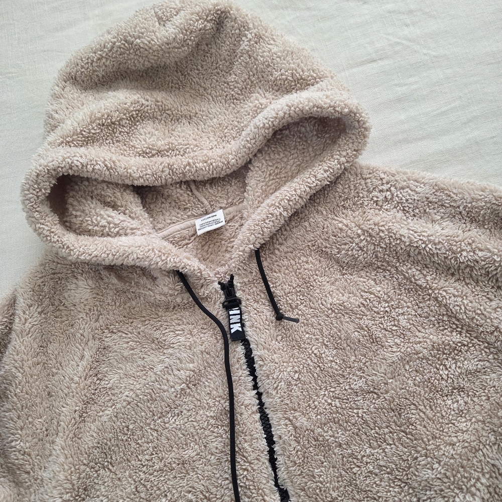 PINK Victorias Secret Teddy Cozy Tan Hooded Sweater Womens Large Brown Cream - Picture 2 of 7